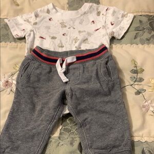 Carter's Gray Joggers with Red and Blue Trim. Plus pirate themed onsie like new